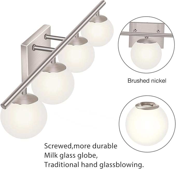 New Bathroom Vanity Light Fixtures 4 Lights Brushed Nickel Glass Shade Modern - Image 3