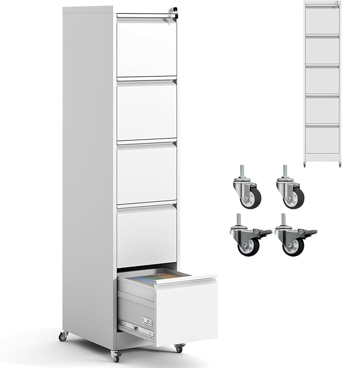 IKIMI 5 Drawer File Cabinet with Wheels,Metal Mobile Filing Cabinets with Lock,Vertical File Cabinet for Home Office,Heavy Duty Storage Cabinet for A4/Letter/Legal Size File,Assembly Required