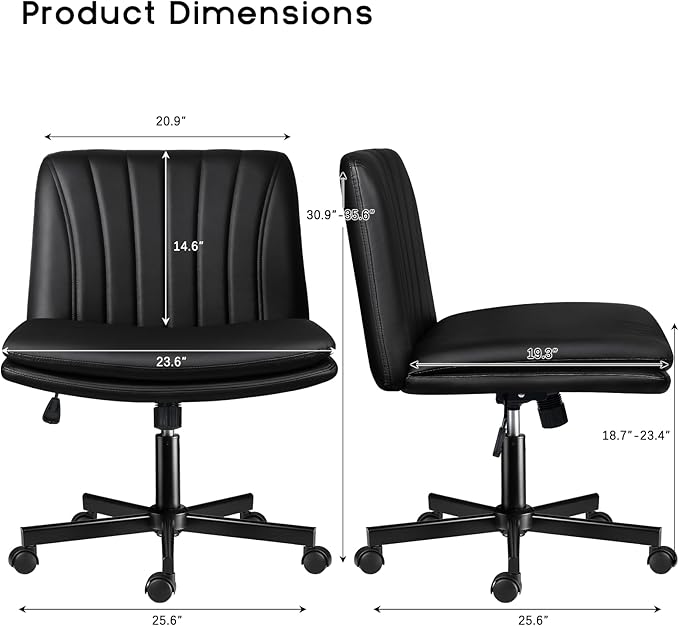 PUKAMI Criss Cross Chair with Wheels,PU Leather Armless Cross Legged Office Vanity Desk Chair for Home Office,Modern Swivel Height Adjustable Wide Seat(Black)