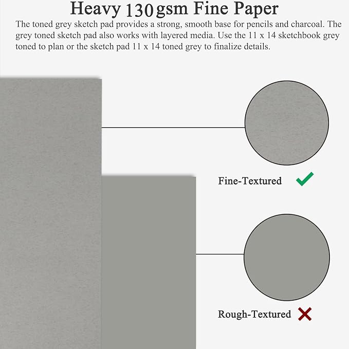 Fuxi Toned Gray Sketchbook 11x14, Large Drawing Pad, 60 Sheets (85lb/130gsm) Spiral Bound, Harcover Artist Sketchbook for Pencil, Charcoal for Artists & Students.