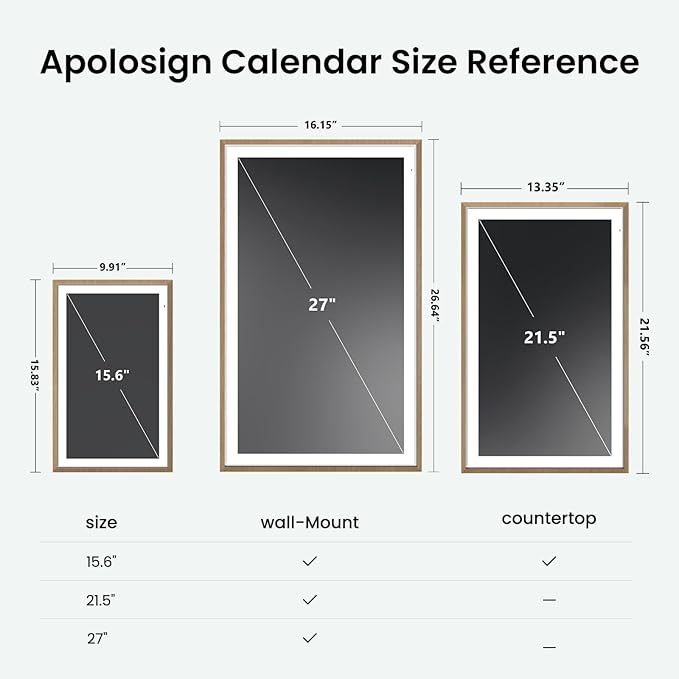 ApoloSign 15.6-inch Digital Calendar: Dual Mode Calendars with Google Play & Multi-calendar Sync, Electronic Planner & Chore Chart, Smart Touchscreen, Interactive Display for Family Schedules (Teak, 15.6")