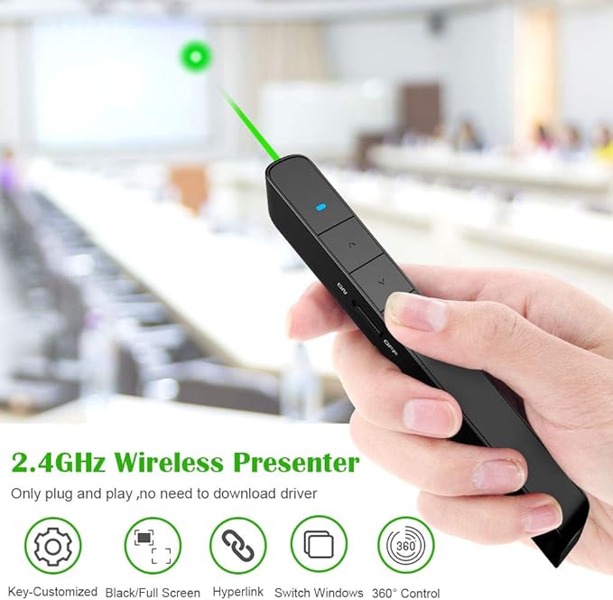 Norwii N75 Rechargeable Presentation Clicker with Green Light Pointer for presentations, PowerPoint Clicker for Presentation Remote, Long Range Wireless Presenter (Green Light)