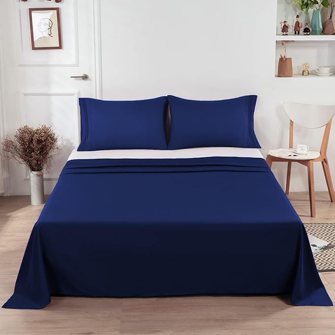 Lirex Navy Blue Twin Flat Sheet Only, Ultra Soft & Breathable Brushed 1800 - Image 6
