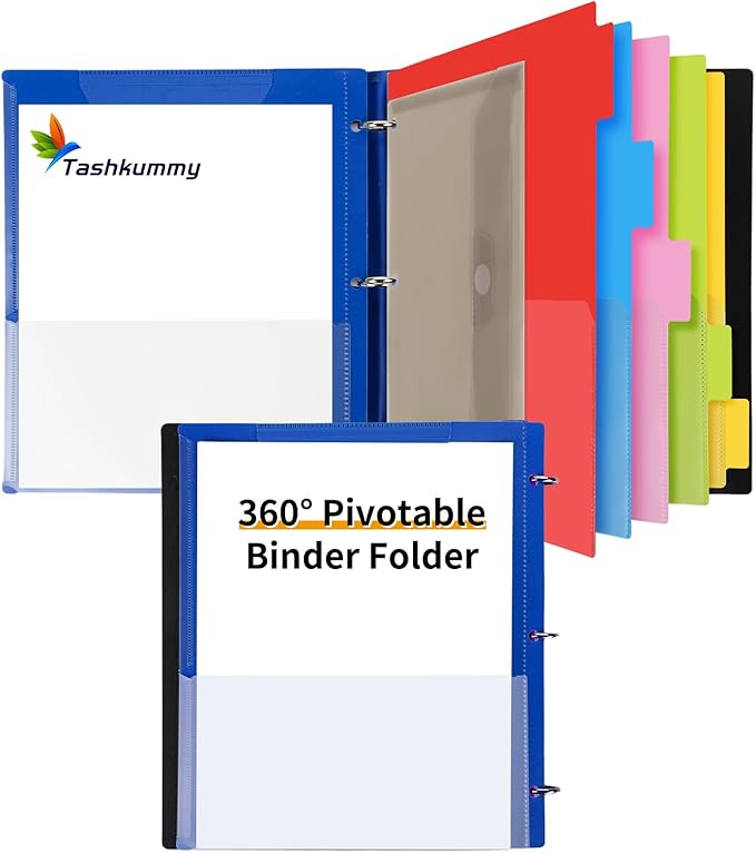 360 Pivotable Project Organizer, 3 Ring Binder with Colored Tab Dividers, Customizable Front Cover Multi Pocket Folder for Home, School, Office - Blue