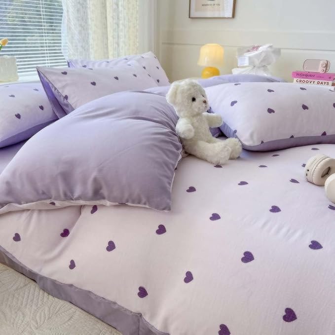 Nayoroom Purple Heart Duvet Cover Queen Size Cute Hearts Coquette Bedding Set - Image 4