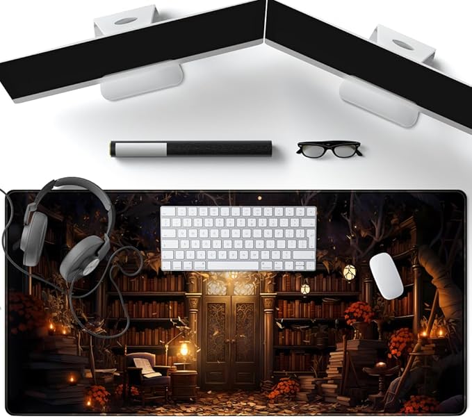 Medieval Bookshelf Desk Pad Mat Vintage Gothic Bookcase Bookshelf Deskpad Large Gaming Flower Mouse Pad XXL Plant Keyboard Mouse Pads Large 31.5x15.8 in-with Stitched Eges Non-Slip Base Mat