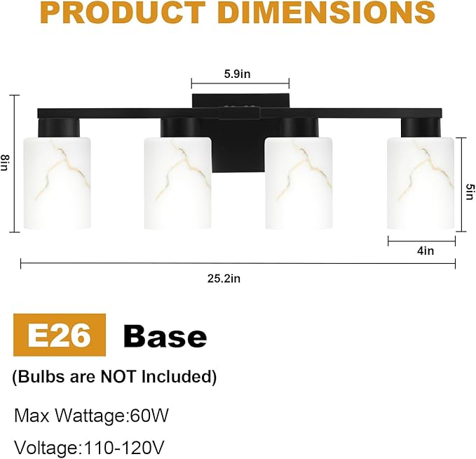 4-Light Bathroom Light Fixtures, Modern Vanity Lights, Living Room, E26 Base - Image 2