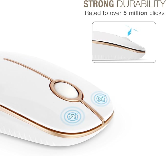 VssoPlor Wireless Mouse, 2.4G Slim Portable Computer Laptop Mouse with Nano Receiver Quiet Silent Optical Mice for Notebook, PC, Laptop, Computer-White and Gold