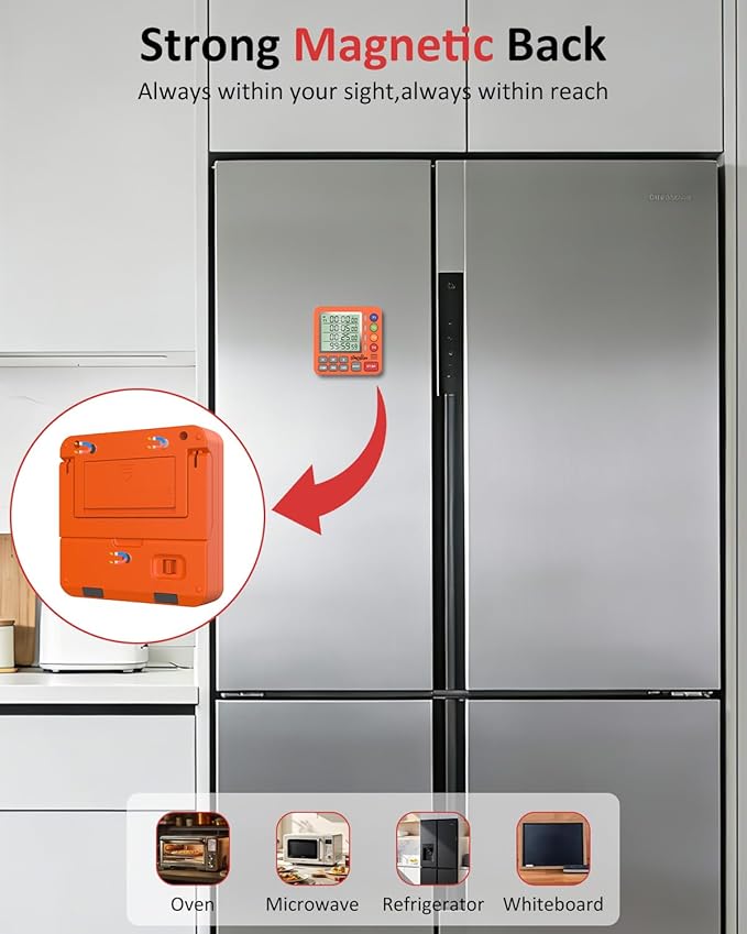 Digital Kitchen Timer for Cooking - 4 Channel Count Up Countdown Timer with Loud Alarm and Silent Mode, Large Display, Magnetic Back, Auto Memory for Classroom Study Gym, Battery Included (Orange)