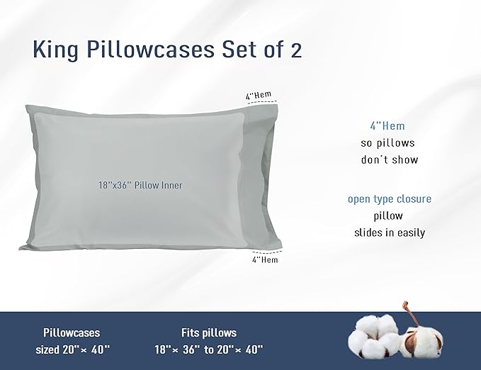 Pillow Cases, King Size Cotton Percale Weave Pillowcases, Pre-Shrunk Breathable - Image 3