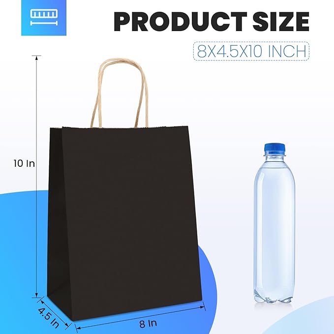 XPCARE 200Pack Paper Bags 8x4.5x10 Inch, Plain Medium Paper Bags with Handles Bulk, Kraft Paper Gift Bag, Retail, Party, Shopping, Favor Bag(Black)
