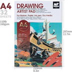 TRANSON Artist Mix Media Sketchbook Marker Pad, 8.3”x11.7” 32 Sheets A4 Art Papers, 110lb/160gsm for Painting, Drawing and Sketching