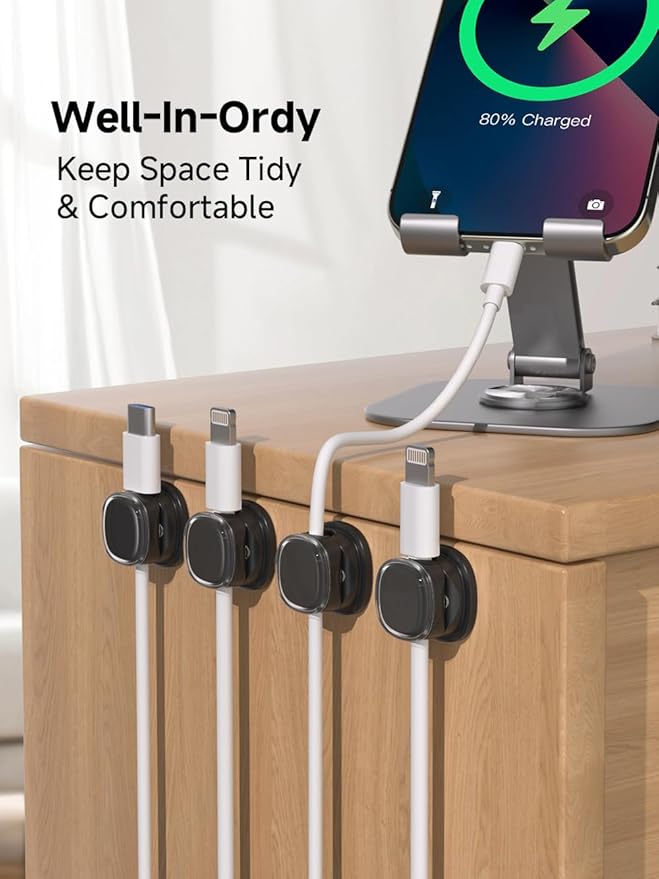 Magnetic Cable Clips, Adjustable Cord Holder Management, Adhesive Wire Keeper Organizer for Home Office Desk Phone PC Car Wall Desktop Nightstand Appliance (9-PCS Black)