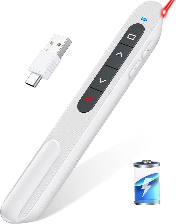 Rechargeable Presentation Clicker USB C Wireless Presenter Remote with Volume Control, RF 2.4GHz White Computer Presentation Remote PowerPoint Clicker Slide Advancer for Teachers Office (White