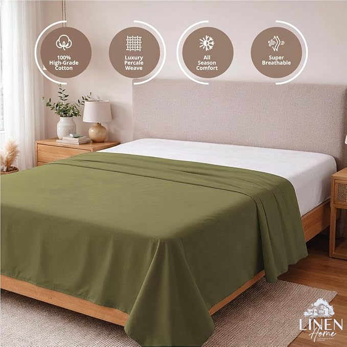 Linen Home 100% Cotton Percale 1 Flat Sheet, Full Size - Image 2