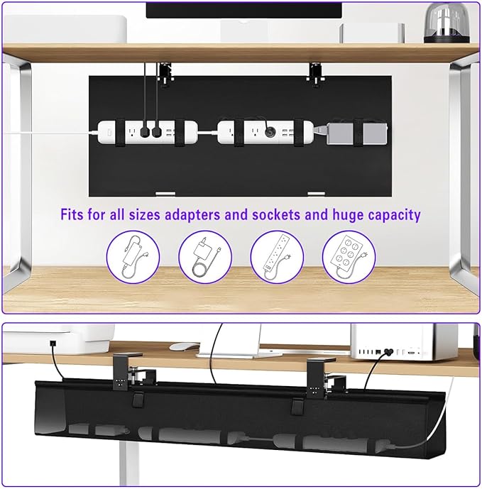 No Drill Under Desk Cable Management Tray, 36" Cord Organizer for Table, Clamp/Screw Mount Desk Cable Management, Premium Fabric Cable Management Tray for Office, Home（Black/2set）