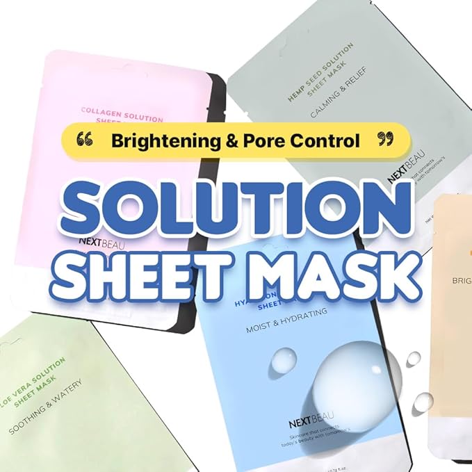 NEXTBEAU Solution Sheet Mask Variety Pack, 0.74 fl oz Each, Korean Facial Sheet - Image 2