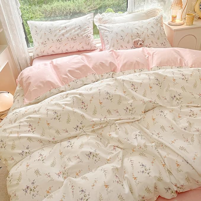Nayoroom Floral Duvet Cover King Size Girls Pink White Botanical Flower - Image 3