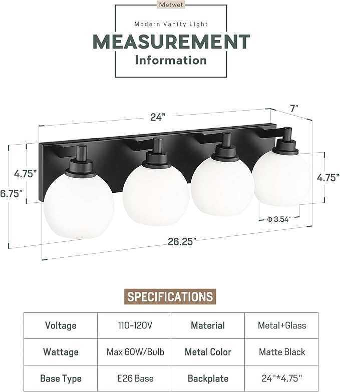 Bathroom Light Fixtures, 4 Light Matte Black Vanity Light, 26 Inch Modern Wall - Image 4