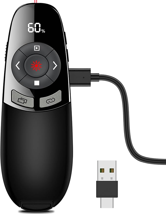 Rechargeable Wireless Presentation Clicker with Red Laser Pointer and Battery & Timer Display, Powerpoint Clicker for PC Mac Keynote Google, Presenter Remote PPT Remote for Powerpoint Presentations
