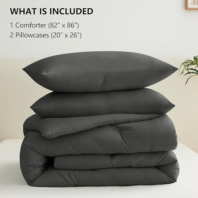 CozyLux Full Size Comforter Set Dark Grey, 3 Pieces Solid Breathable Quilted - Image 6