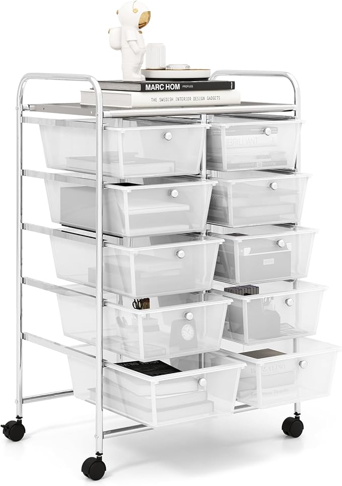 GOFLAME 10-Drawer Rolling Storage Cart, Art Craft Storage Organizer on Wheels, Multipurpose Movable Utility Cart for School, Office and Home, Clear