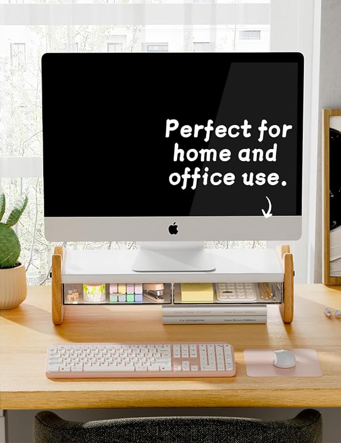 AFOOYO Monitor Stand Riser,Wooden & MDF Computer Desktop Stand with Acrylic Drawer,Laptop Stand Riser Holder ,Table Holder Desk Organizer Storage Stand for Laptop,Printer,TV,15.7 inch,Cute Cat