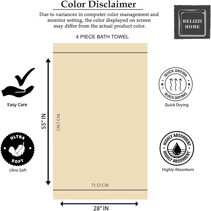 BELZZI Home Ultra Soft 4 Pack Oversized Bath Towel Set 27x54, Cotton Compact - Image 7