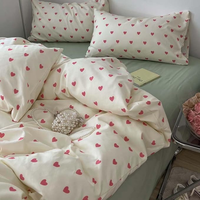Nayoroom Heart Duvet Cover Full Size Kawaii Pink Heart Printed on Cream White - Image 4