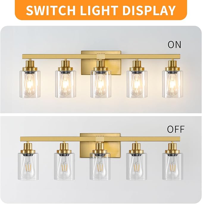 5 Light Gold Bathroom Vanity Light, Bathroom Light Fixtures - Image 5