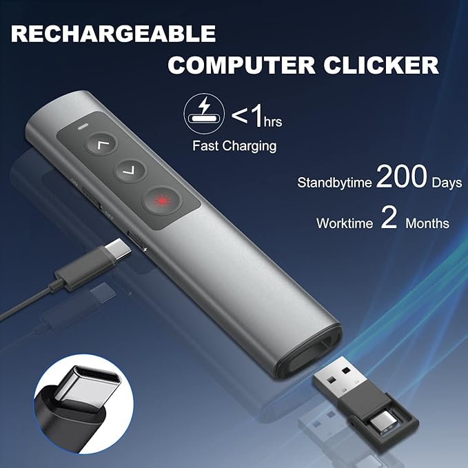 Rechargeable Presentation Clicker for Laptop PowerPoint, USB-A USB-C Presentation Pointer, Wireless Presenter Remote Power Point Clicker for Computer/Mac/PPT/Google Slide Advancer