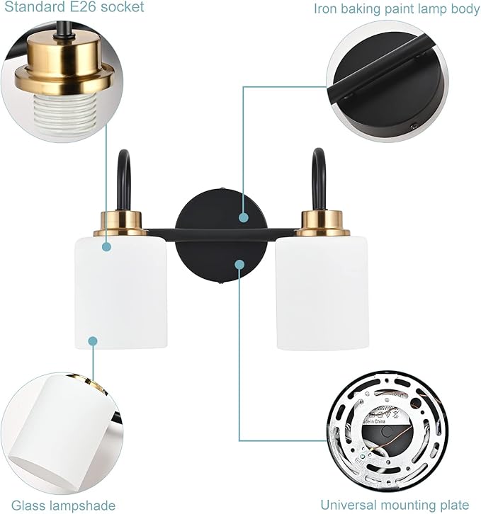 Modern Matte Black and Gold Bathroom Vanity Light Fixtures 2 Lights Milky Glass - Image 4