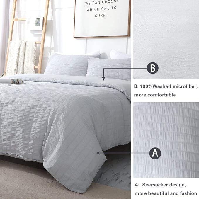 AveLom Light Gray Duvet Cover King, 3 Pieces, Seersucker Striped Soft Washed - Image 7