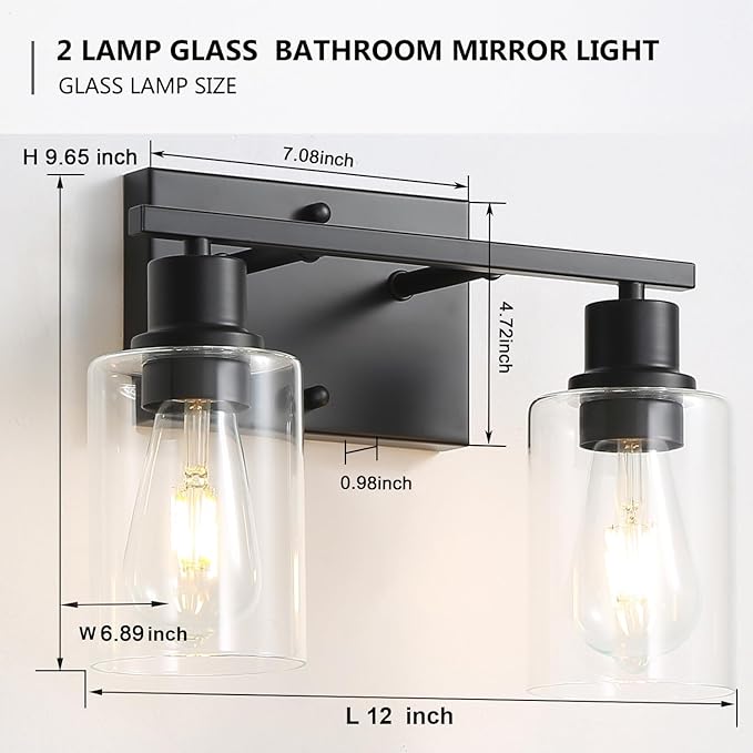 Bathroom Vanity Light Fixtures, 2-Light Matte Black Bathroom Lights, Wall - Image 2