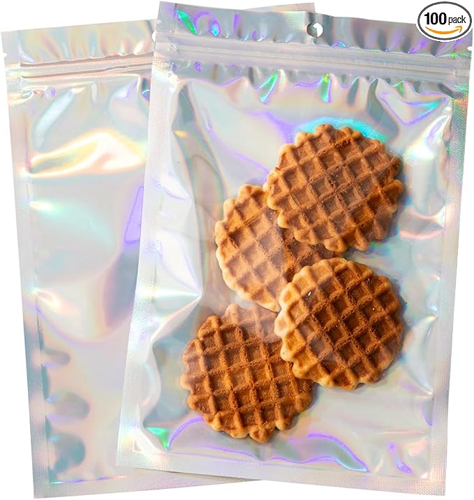 100Pcs Holographic Packaging Bags, 5.9x8.6 inch Resealable Foil Pouch Mylar Sample Bag Great for Small Business and Party