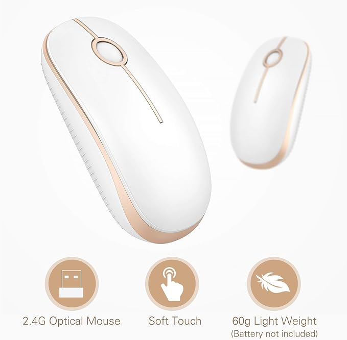 VssoPlor Wireless Mouse, 2.4G Slim Portable Computer Laptop Mouse with Nano Receiver Quiet Silent Optical Mice for Notebook, PC, Laptop, Computer-White and Gold