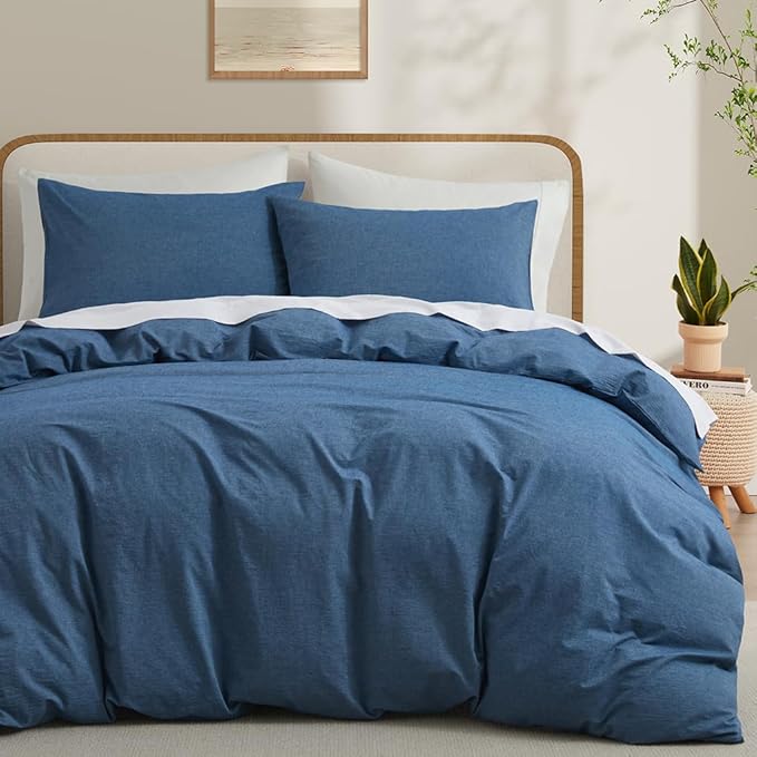 LOVQUE 100% Washed Cotton Duvet Cover King Size, Denim Blue Fade-Resistant by LOVQUE