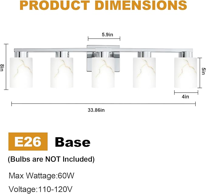 5-Light Bathroom Light Fixtures, Modern Vanity Lights, Chrome Metal Wall Lamp - Image 2