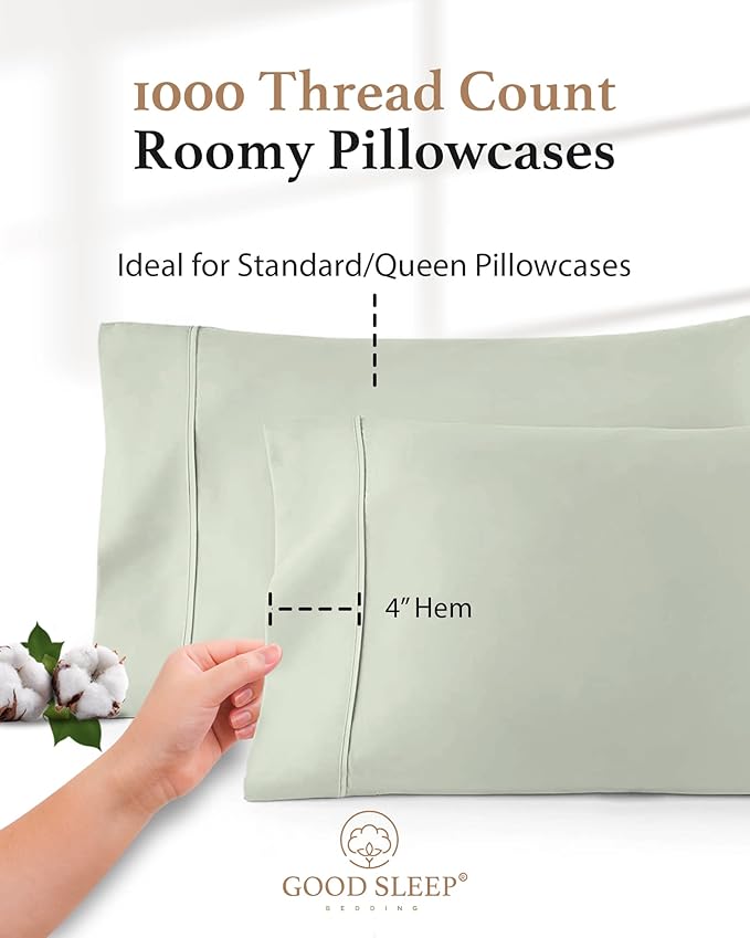 1000 TC Sage Standard Pillowcases Set of 2 100% Egyptian Cotton Pillow Cases - Image 3