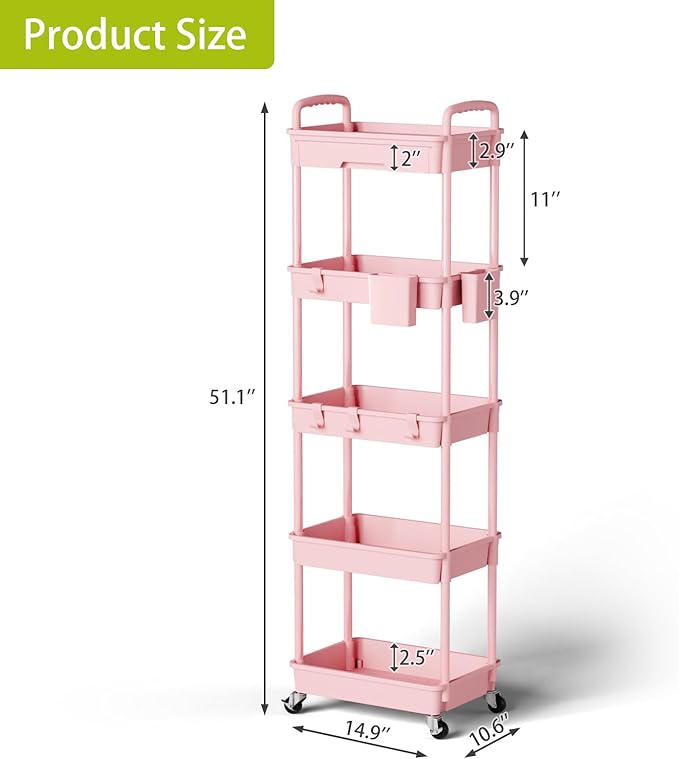 Sorgion 5 Tier Rolling Cart Organizer,Bathroom Cart Organizers with Wheels Laundry Room Organization Mobile Shelving Unit Utility Cart Storage Shelves Multi-Functional for Office, Home(Pink)