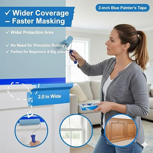 SWRT Blue Painters Tape 2 Inch Wide – 12 Rolls x 55 Yards (660 Total Yards), Clean Removal Masking Tape for Sharp Paint Lines on Walls, Trim & Baseboards, Easy Tear for DIY & Home Renovation Projects