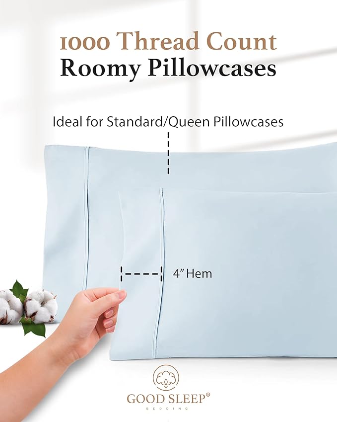 1000 TC Light Blue Standard Pillowcases Set of 4 100% Egyptian Cotton Pillow - Image 3