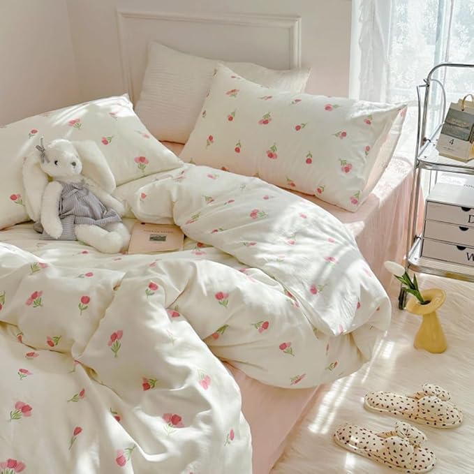 Nayoroom Pink Floral Duvet Cover Twin Size Cute Tulip Printed on White by Nayoroom
