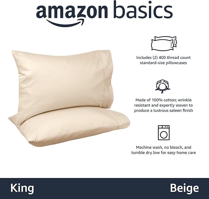 Amazon Basics 400 Thread Count Cotton Pillow Case, Pillows Not Included - Image 2