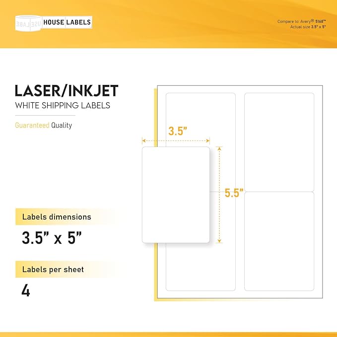 HOUSELABELS 4-up Shipping Labels (3-1/2" x 5") for Laser and Inkjet Printers, 500 Sheets