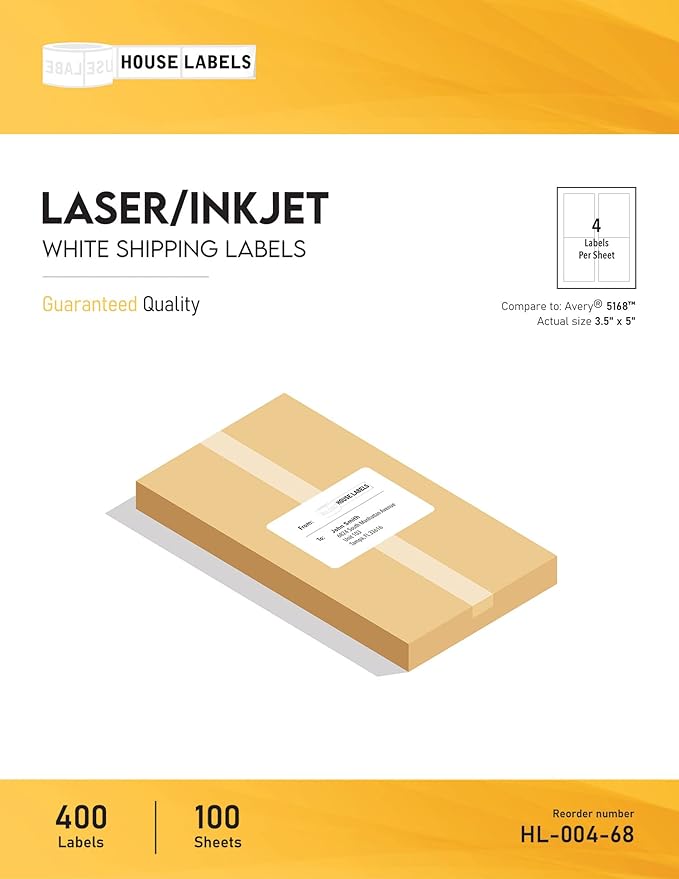 HOUSELABELS 4-up Shipping Labels (3-1/2" x 5") for Laser and Inkjet Printers, 1,000 Sheets