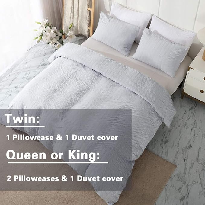 AveLom Light Gray Duvet Cover King, 3 Pieces, Seersucker Striped Soft Washed - Image 6