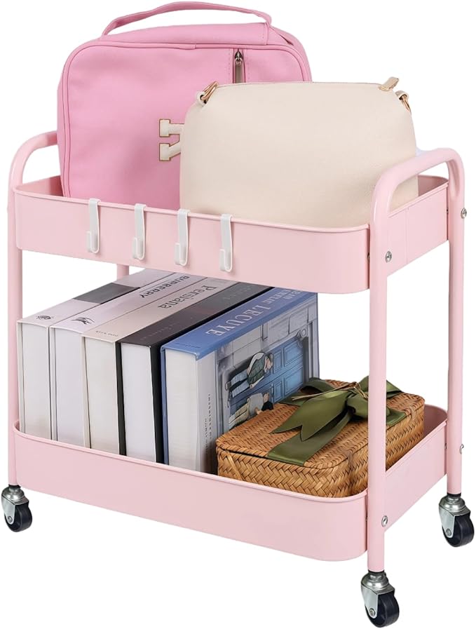 Ufriandz Pink 2 Tier Rolling Cart Metal with Wheels Under Desk Storage Cart for Small Space Organization, Small Trolley for Pantry Room Laundry Bathroom Kitchen Office Art Snack Baby Supplies