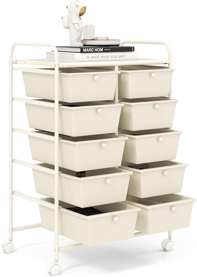 GOFLAME 10-Drawer Rolling Storage Cart, Art Craft Storage Organizer on Wheels, Multipurpose Movable Utility Cart for School, Office and Home, Ivory