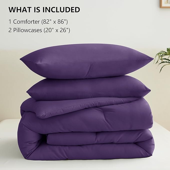 CozyLux Full Size Comforter Set Purple, 3 Pieces Solid Breathable Quilted - Image 6